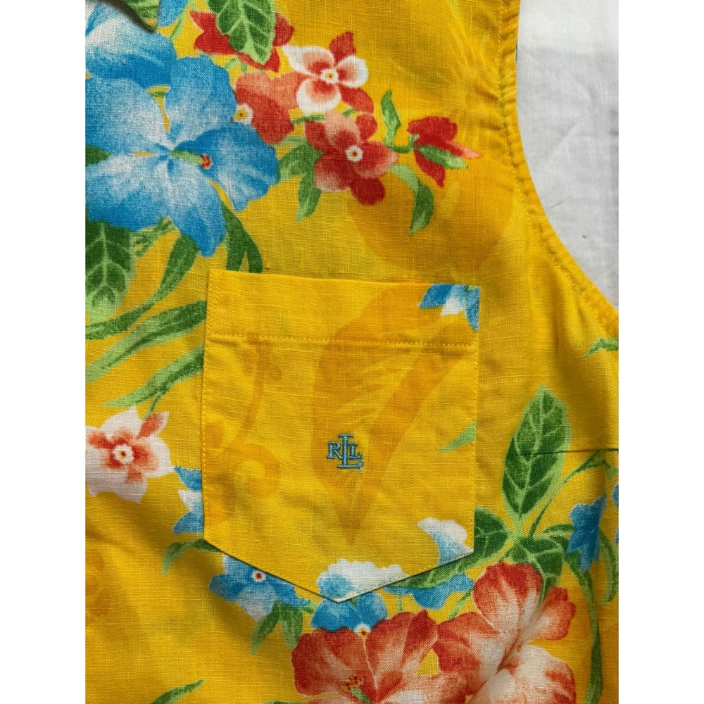 Lauren Ralph Lauren Yellow Linen Tropical Floral Tie Front Sleeveless Shirt L - Picture 8 of 11